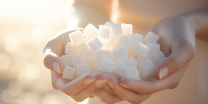 Balancing Act: Delicate Hands Grasping White Sugar Cubes, Amid Diabetic Concerns and Sweet Temptations