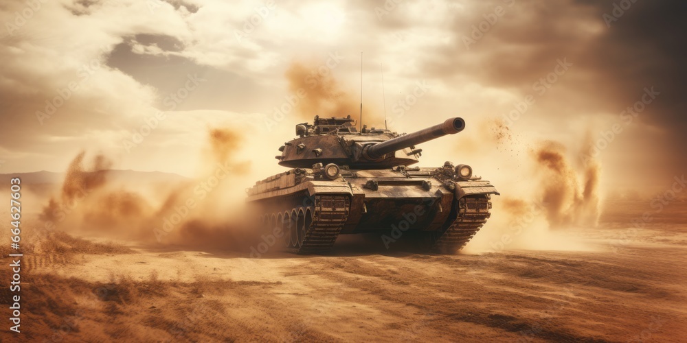 Wall mural rapid pursuit in the desert: a military tank charges through a sandy road amidst sandstorms in a mid