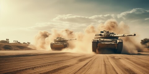 Rapid Pursuit in the Desert: A Military Tank Charges Through a Sandy Road Amidst Sandstorms in a Middle Eastern Conflict Zone