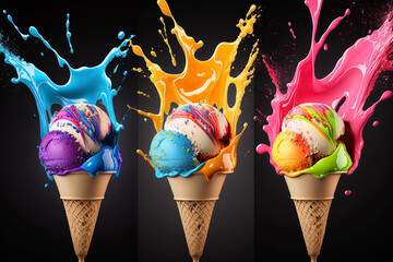 Testy ice cream splashes rainbow vibrant colorful isolate picture AI Generated image