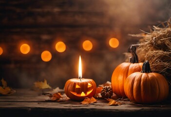 AI generated illustration of carved Halloween pumpkins with smiling faces illuminated by candles