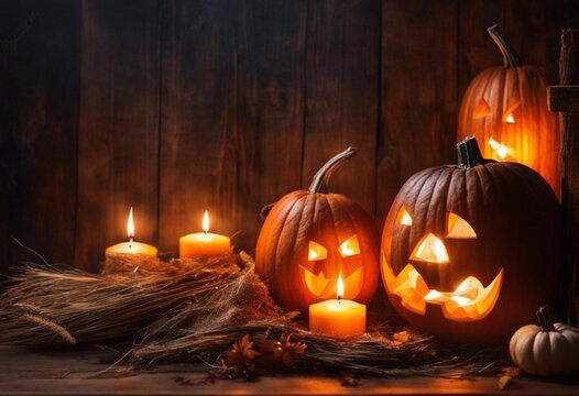 AI generated illustration of carved Halloween pumpkins with smiling faces illuminated by candles