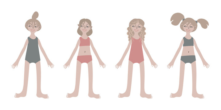 Four northern girls in swimsuits. Children. Kids. Diversity. Pale skin tone and blonde hair. Vector illustration in flat style