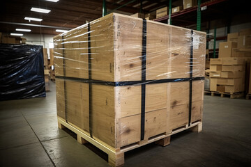 High angle view of wooden boxes in warehouse. Shallow depth of field