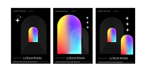 Modern holographic gradient posters with linear forms and sparkles. Trendy brutalism design