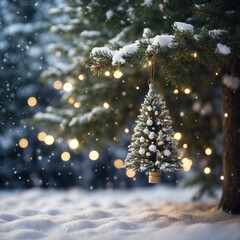 Christmas tree decoration against the backdrop of a snowy forest