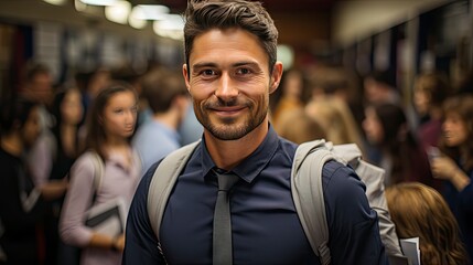 Smiling man in crowd, emanating confidence amid bustle.