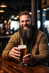 A bearded man drinking beer holding a glass of fresh beverage