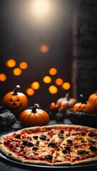 Halloween themed pizza on wooden table with Jack O Lantern pumpk