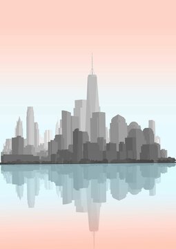 New York Skyline al tramonto, Manhattan, illustrazione, sagoma, silhouette, grattacieli, vettoriale
