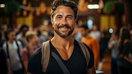 Smiling man in crowd, emanating confidence amid bustle.