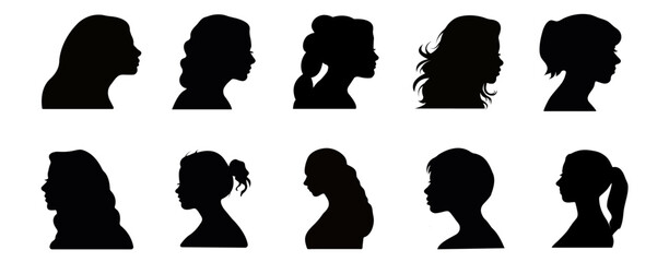 Collection of silhouettes of beautiful female face profile, beauty and fashion concept