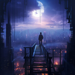 A person looking at a futuristic cyberpunk neon city skyline during a misty night