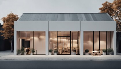 Front design of Nordic minimalist style restaurant or cafe store