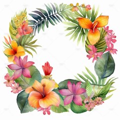 Tropical leaves with flowers border photo frame pictures AI Generated art