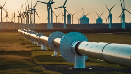 Background featuring wind turbines and a hydrogen pipeline for green hydrogen production concept