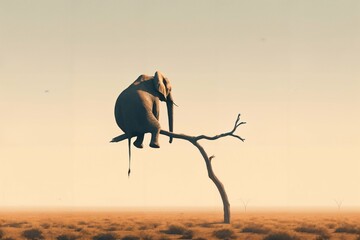 Hazard and depression - lonely elephant sitting on thick tree branch, wildlife risk - obrazy, fototapety, plakaty