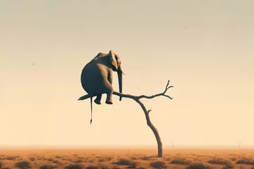 Poster Hazard and depression - lonely elephant sitting on thick tree branch, wildlife risk © ibreakstock