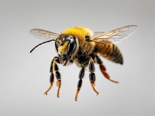 Solitary bee in flight, set against a transparent background. The macro shot showcases the intricate details of the bee's body, from its fuzzy yellow and black stripes.