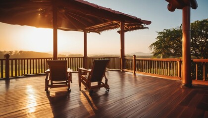 Resort wooden veranda: Two armchairs and tranquil sunrise view over golf course