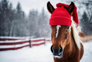 AI generated illustration of A  horse standing in a snowy landscape, wearing a red hat - obrazy, fototapety, plakaty