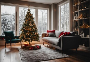 AI generated illustration of a living room with comfortable couches and a decorated Christmas tree