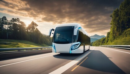 Obraz premium Futuristic autonomous bus: Electric vehicle driving on open highway with nature background