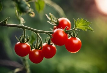 AI generated illustration of a branch with small tomatoes in a lush green