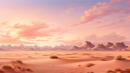 An expansive desert landscape with the horizon shifting from golden sand to soft pastel pink.