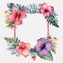 Obraz premium Tropical pink hibiscus flowers frame floral arrangement illustration AI Generated art