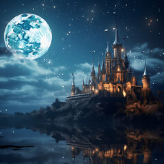 Beautiful castle, moonlight,  sky, fairy tale. silhouette concept, wallpaper, 