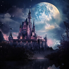 Beautiful castle, moonlight,  sky, fairy tale. silhouette concept, wallpaper, 