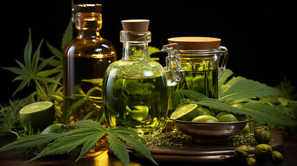 cbd oil, cannabis and marijuana leaves on wooden table.