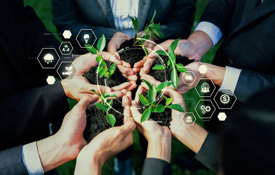 Business partnership leader gather to nurture young seedling plant with ESG icons, symbolizing corporate unity commitment to environmental protection and natural preservation. Reliance