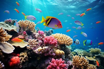 Naklejka na ściany i meble Colorful fish swimming in a stunning coral reef. Generative AI