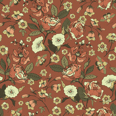 Vintage floral seamless pattern. Blooming dark flowers, Victorian wildflowers with moth