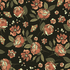Vintage floral seamless pattern. Blooming dark flowers, Victorian wildflowers with moth