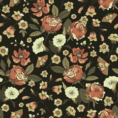 Vintage floral seamless pattern. Blooming dark flowers, Victorian wildflowers with moth - 664631094