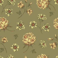 Vintage floral seamless pattern. Blooming dark flowers, Victorian wildflowers with moth - 664631201