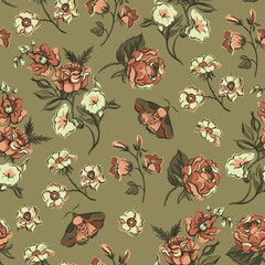 Vintage floral seamless pattern. Blooming dark flowers, Victorian wildflowers with moth - 664631215