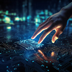 Artificial intelligence AI circuit board in shape electronic PCB circuit icon symbol on businessman hand finger touching with cyberpunk neon cyberspace lighting. Innovative technology