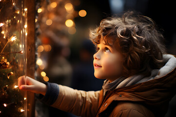 a boy waiting for santa claus in the night of 24 december