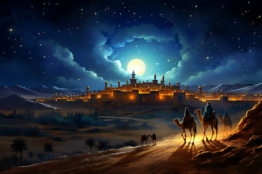 Escenas de los tres reyes magos, Melchor, Gaspar y Baltasar, en sus camellos con paisajes del desierto y nocturnos