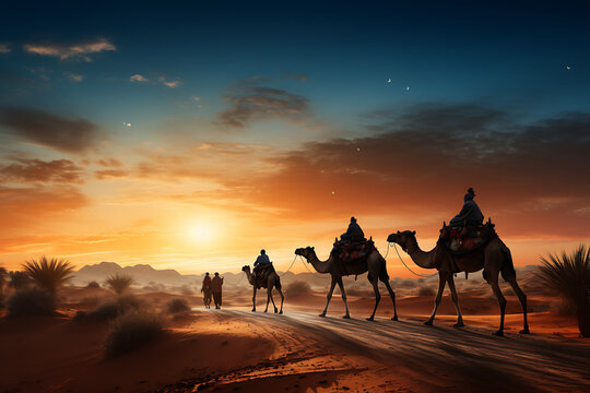 Escenas de los tres reyes magos, Melchor, Gaspar y Baltasar, en sus camellos con paisajes del desierto y nocturnos