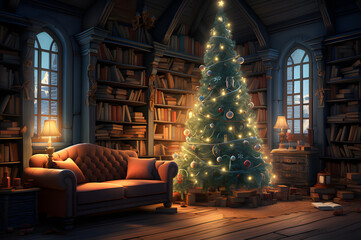 christma tree close to a sofa and a library in the background