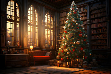a christmas tree with a sofa and a libray in the background