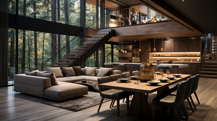Fototapeta premium modern loft interior design with wooden fireplace and sofa.