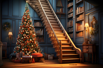christmas tree close to a stair