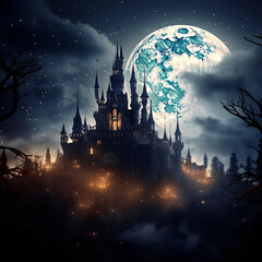 Beautiful castle, moonlight,  sky, fairy tale. silhouette concept, wallpaper, 