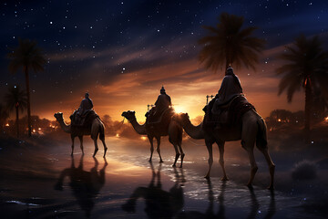 Escenas de los tres reyes magos, Melchor, Gaspar y Baltasar, en sus camellos con paisajes del desierto y nocturnos
